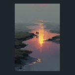 Silhouette Couple Sunset Stream Reflection Poster<br><div class="desc">Two silhouetted figures hold hands as they walk along a shallow stream bathed in the last warm light of sunset. The sky burns in peach, rose, and deep orange, perfectly mirrored on the still water below, while soft mist and tall grasses fade into cool gray-blue distance. Delicate rays of golden...</div>