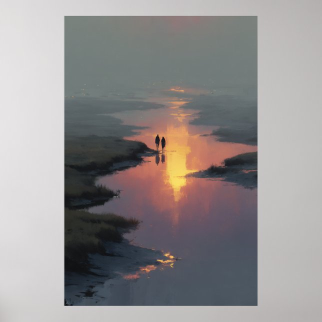 Silhouette Couple Sunset Stream Reflection Poster (Framsidan)
