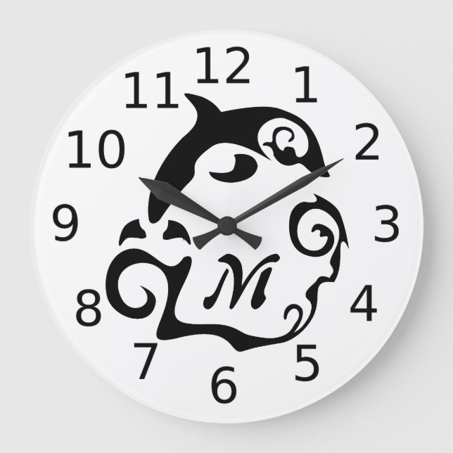 Silhouette Dolphin i Svartahavsviken Monogram Stor Klocka (Framsida)
