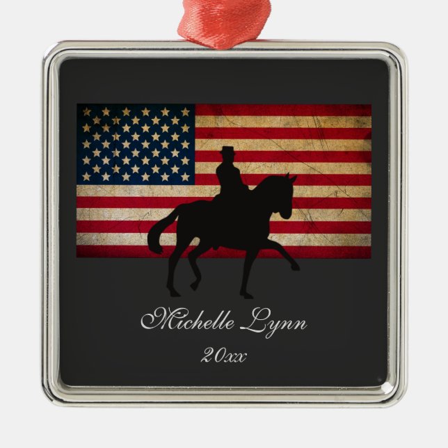 Silhouette Dressage Horse and American Flagga USA Julgransprydnad Metall (Framsidan)