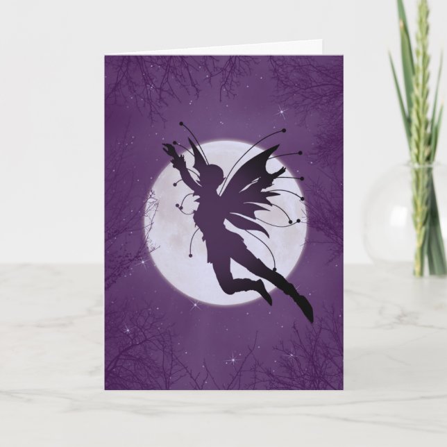 Silhouette Fairy Flies w/ Måne Birthday Card Kort (Framsida)