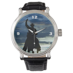 Silhouette för cowboy för ranchsolnedgång rida armbandsur