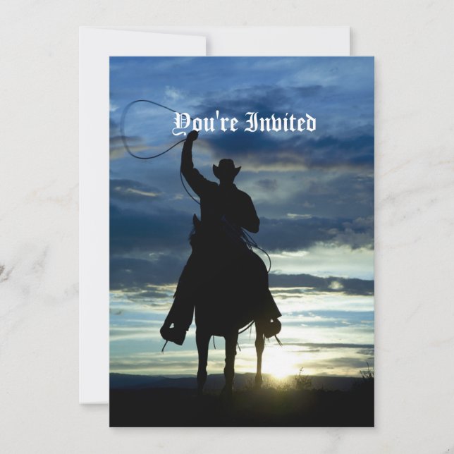 Silhouette för cowboy för ranchsolnedgång rida inbjudningar (Framsida)