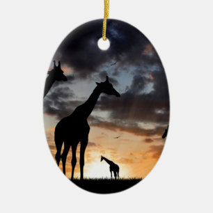 silhouette för giraff för solnedgångsafarivild julgransprydnad keramik