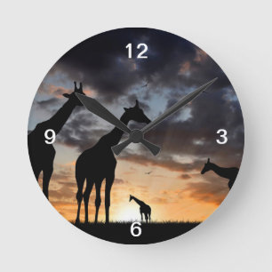 silhouette för giraff för solnedgångsafarivild rund klocka