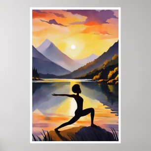 Silhouette från en afrikansk dam som gör Yoga vid  Poster