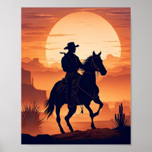 Silhouette från en Cowboy på Horseback i Desert Poster