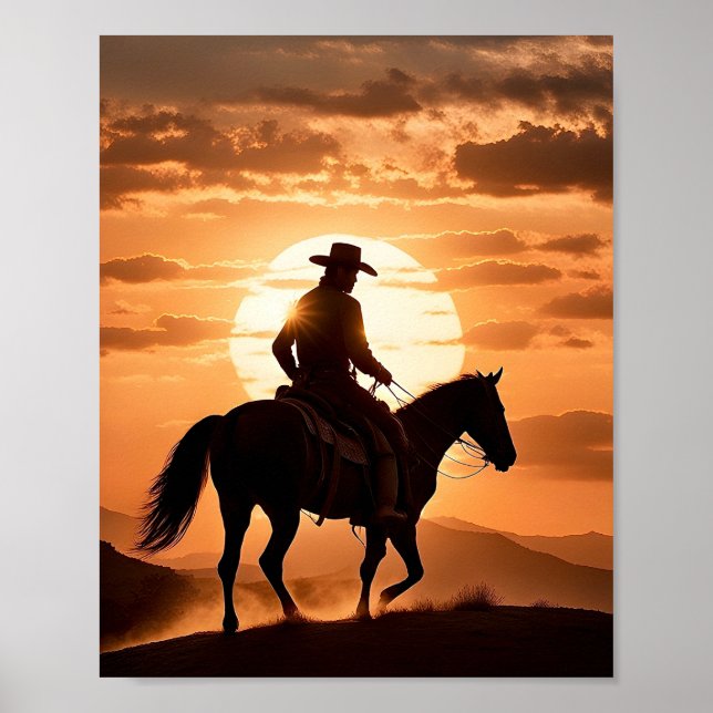 Silhouette från en Cowboy på Horseback på Sunset Poster (Framsidan)