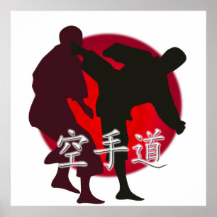 Silhouette från Karate Fight. Red Sol Background Poster