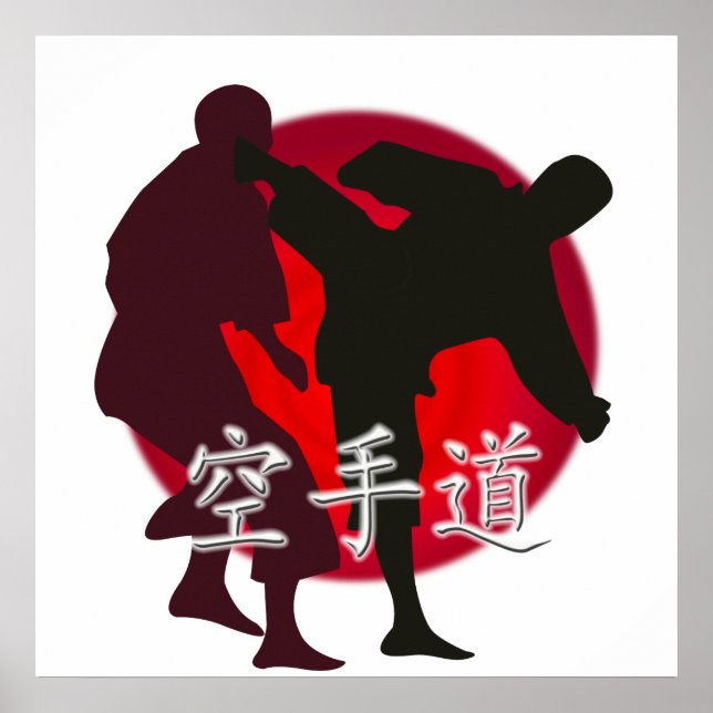 Silhouette från Karate Fight. Red Sol Background Poster (Framsidan)