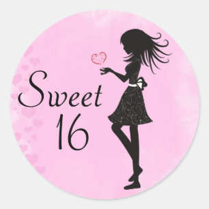 Silhouette Girl and Hearts Sweet 16 Rosa - Black Runt Klistermärke