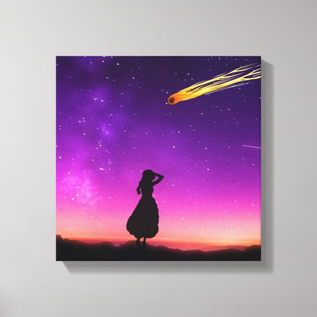 Silhouette Girl tittar på meterkrasch till jorden Canvastryck (Framsida)