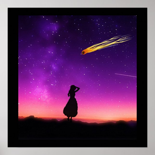 Silhouette Girl tittar på meterkrasch till jorden Poster (Framsidan)