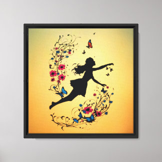 Silhouette Girl with Butterflies and Flowers Canvastryck