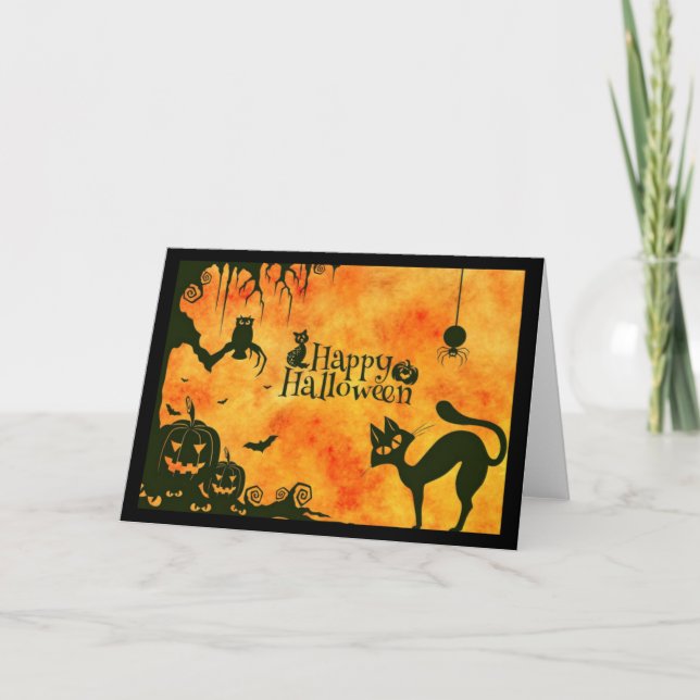 Silhouette Halloween-djur, Orange Greeting Card Kort (Framsida)