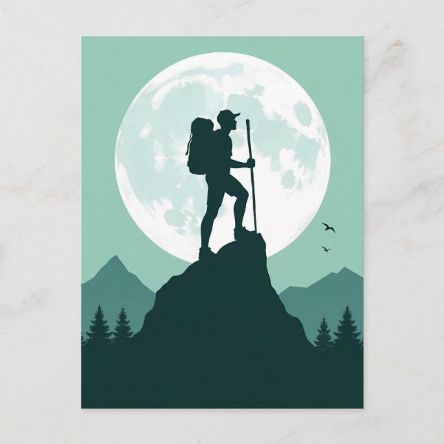 Silhouette Hiker on Peak with Moon and Mountains Vykort (Framsida)