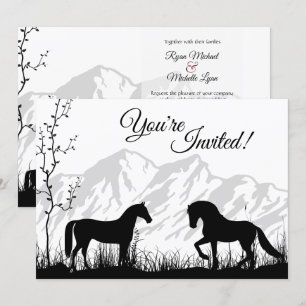 Silhouette Horses and Mountain Black White Bröllop Inbjudningar