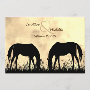 Silhouette Horses Grazing in Fält Sunset Bröllop Inbjudningar