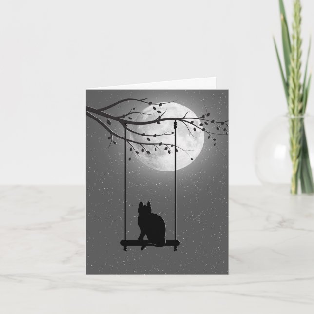 Silhouette-katt på en sväng i månljus anteckningskort (Framsida)
