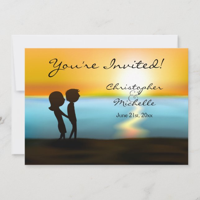 Silhouette lite Sunset Beach Wedding bjudande Inbjudningar (Framsida)