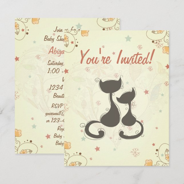 Silhouette Mamma Cat och Kitten Baby Shower Inbjud Inbjudningar (Fram/baksida)