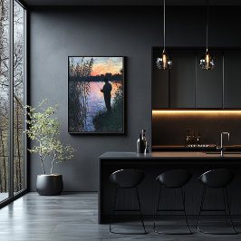Silhouette Man Fishat at at Sunset - Impressionist Poster