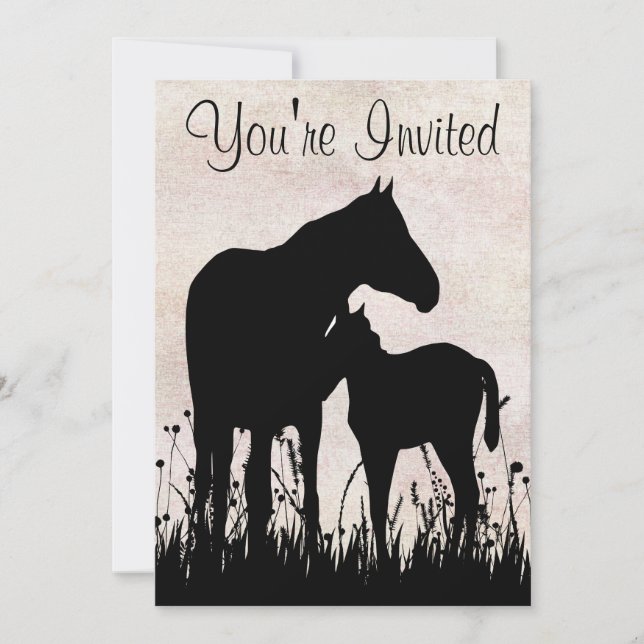 Silhouette Mare and Foal Horse Baby Shower Inbjudningar (Framsida)