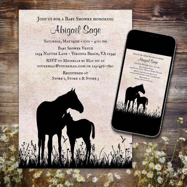 Silhouette Mare and Foal Horse Baby Shower Inbjudningar (Printed and Digital - Pretty Silhouette Mare and Foal Horse Baby Shower Invitation)