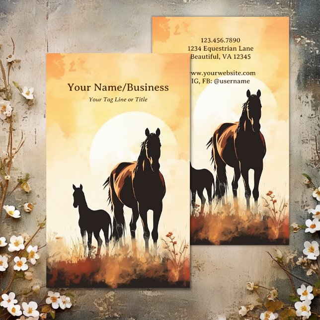 Silhouette Mare and Foal Horse Sunset Equestrian Visitkort (Silhouette Mare and Foal Horse Sunset Equestrian Business Card)