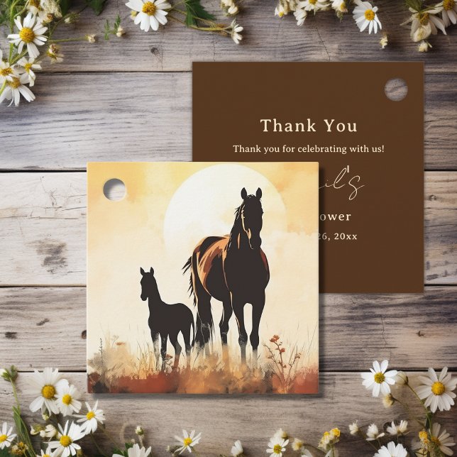 Silhouette Mare och Foal Sunset Horse Baby Shower Gåvor Etiketter (Silhouette Mare and Foal Sunset Horse Baby Shower Favor Tags)
