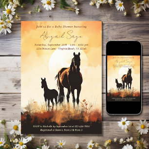 Silhouette Mare och Foal Sunset Horse Baby Shower Inbjudningar