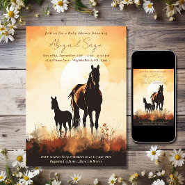 Silhouette Mare och Foal Sunset Horse Baby Shower Inbjudningar