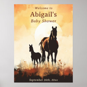 Silhouette Mare och Foal Sunset Horse Baby Shower Poster
