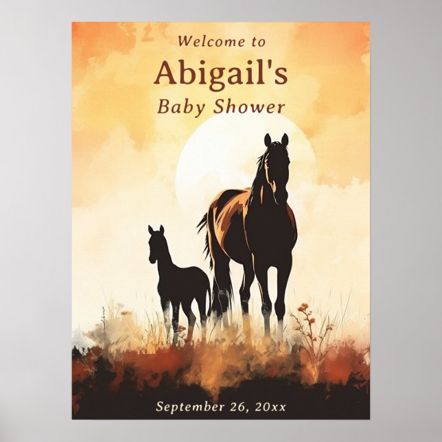Silhouette Mare och Foal Sunset Horse Baby Shower Poster (Framsidan)