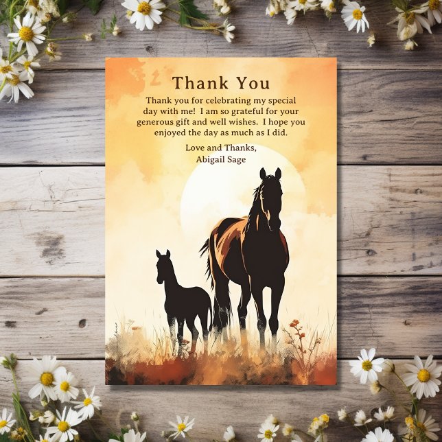 Silhouette Mare och Foal Sunset Horse Baby Shower Tack Kort (Front - Silhouette Mare and Foal Sunset Horse Baby Shower Thank You Card)