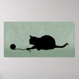 Silhouette med Cat Play Black på Grönt Poster