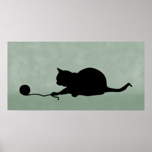 Silhouette med Cat Play Black på Grönt Poster