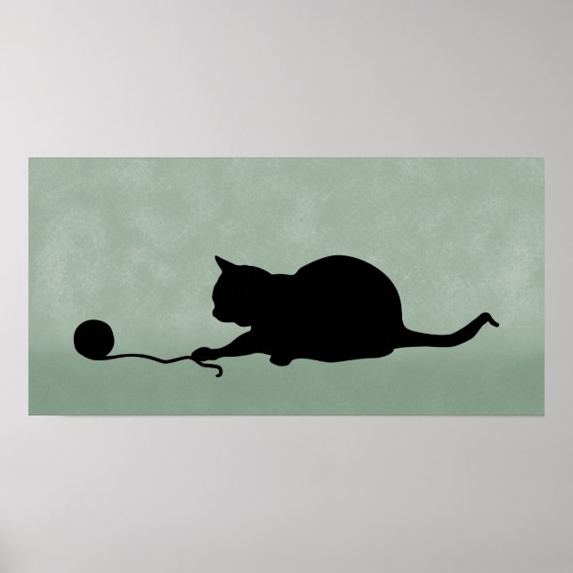 Silhouette med Cat Play Black på Grönt Poster (Framsidan)