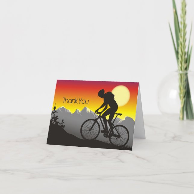 Silhouette Mountain Bike Mountains och Sol Tack Kort (Framsida)