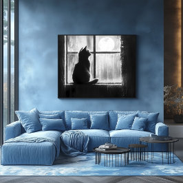 Silhouette of a Cat by the Window in Moonlight Poster