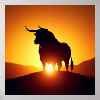 Silhouette of Bull and Sunset Poster