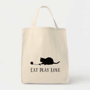 Silhouette of Cat at Play "Eat Play Kärlek" Tygkasse