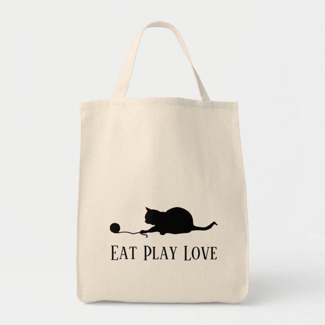 Silhouette of Cat at Play "Eat Play Kärlek" Tygkasse (Framsidan)