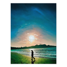 Silhouette of Person Walking Along Beach at Sunset Fototryck