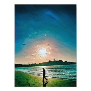Silhouette of Person Walking Along Beach at Sunset Fototryck