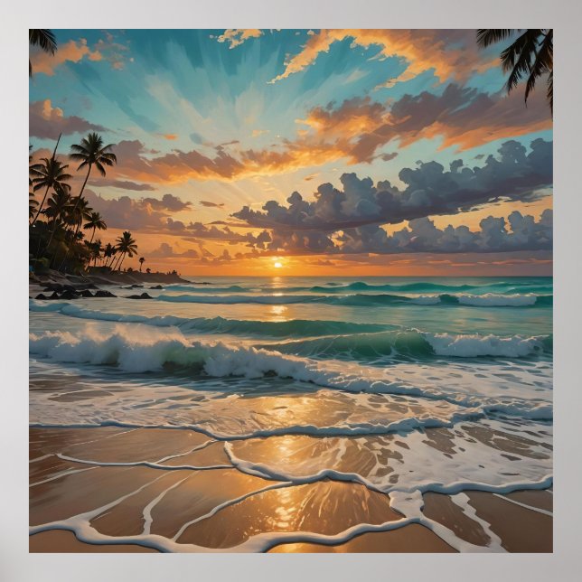 Silhouette of Sunset på Beach Poster (Framsidan)