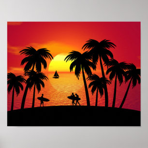 Silhouette på en tropisk ö i Sunset Poster