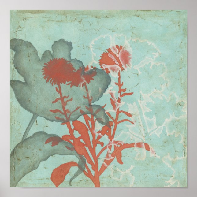 Silhouette Red Flowers på Teal Background Poster (Framsidan)