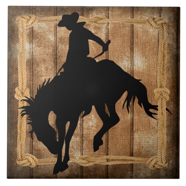 Silhouette Rodeo Cowboy på Bucking Bronco Horse Kakelplatta (Framsidan)
