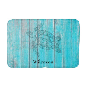 Silhouette Sea Turtle Rustic Teal Wood Badrumsmatta